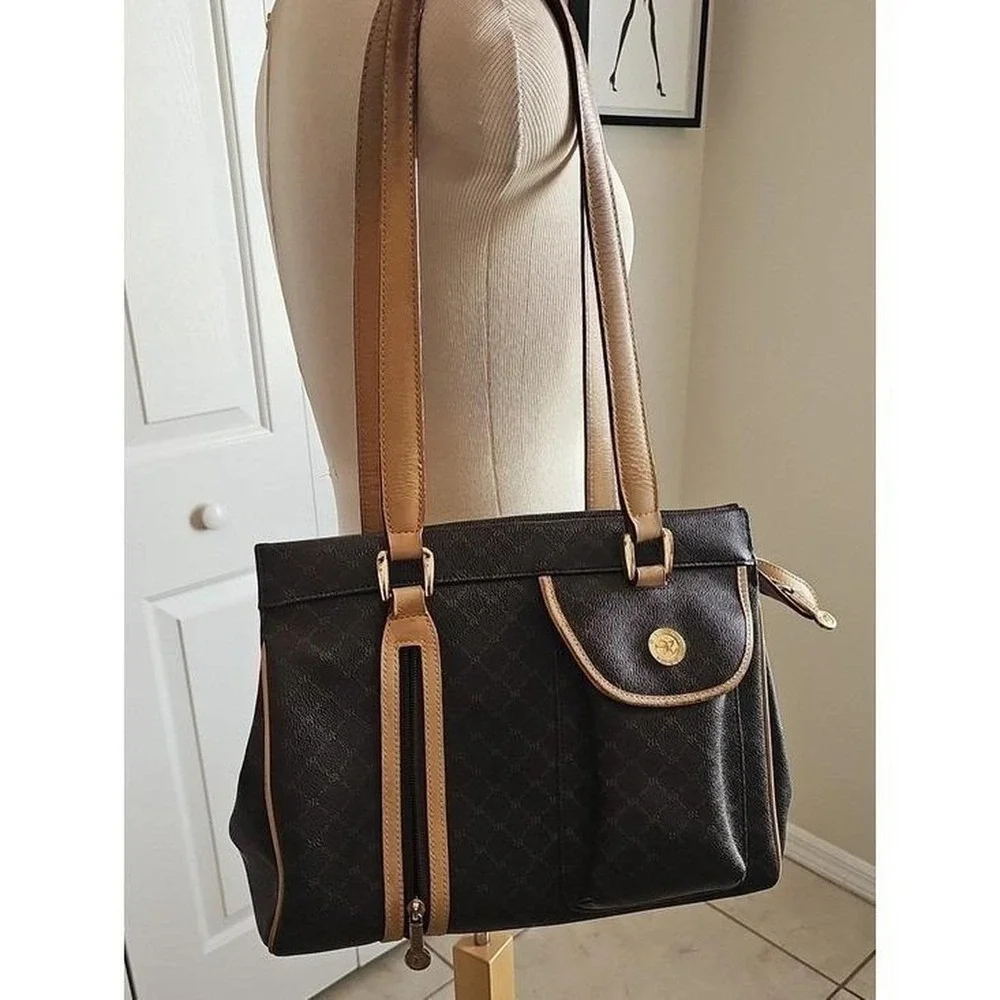 Rioni Signature Monogram Tote Womens Sz M Brown Leather Trim Shoulder Bag J9836Y